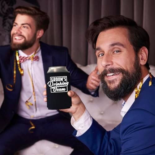 Veracco Groom's Drinking Team Can Coolie Holder Bachelor Party Wedding Favors Gift For Groomsmen Proposal (12, Wht Groom, Blk DT)