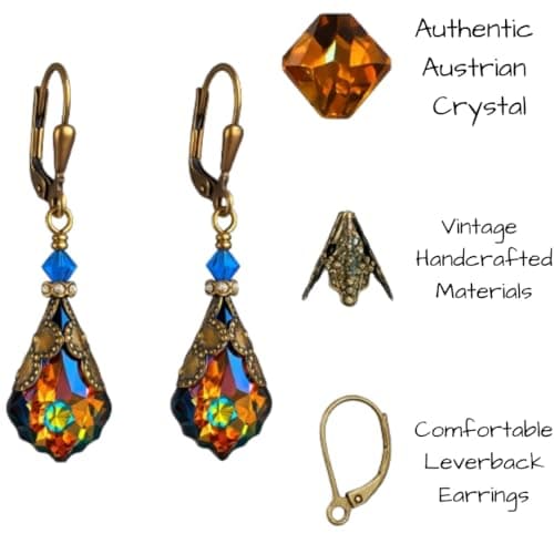 HisJewelsCreations Antique Inspired Vintage Victorian Dangle Drop Earrings for Women - Colored Austrian Crystal Leverback Earrings - Jewelry Gift for Her