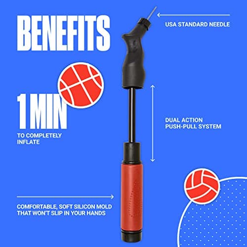 SPORTBIT Ball Pump for Sports Balls - Push & Pull Inflating System - Hand Pump for All Exercise Balls - Volleyball Pump, Basketball Inflator, Football & Soccer Ball Air Pump - Goes with 5 Needles Set