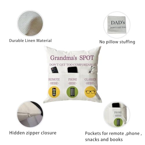 ONFAON Grandma Gifts, Grandma's Spot Throw Pillow Covers 18x18 Inch,Put Phone Glasses and Remote Control Pillowcase,Birthday Christmas hanksgiving Day Gifts for Grandma Mom,3-Pocket