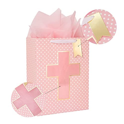 Loveinside Pink Gift Bag with Cross Design, Tissue Paper for Baby Girl Baptisms, Christenings, First Communions Religious Occasion- 10" x 5" x 13", 1 Pcs
