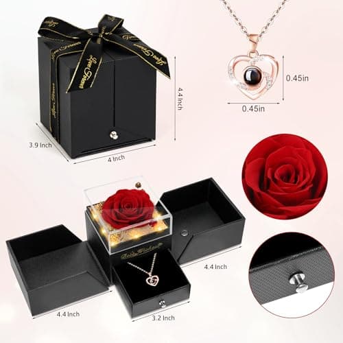 Light Up Preserved Red Rose Flower with Necklace,Birthday Gifts for Women,Christmas Rose Gifts for Her Mom Wife Grandma,Real Flower Mom Present for Women Christmas,Anniversary,Valentines