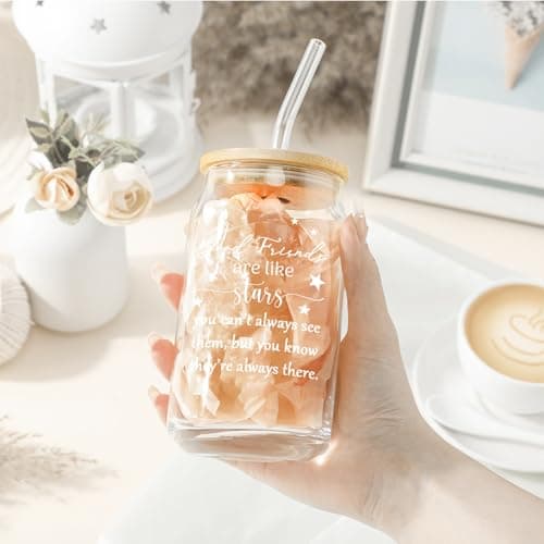 Zhehao 8 Pack Friendship Gifts for Women Friends Gifts Bulk 16oz Iced Coffee Glasses with Bamboo Lids and Straws for Sister Friend Holiday Birthday Party Drinking