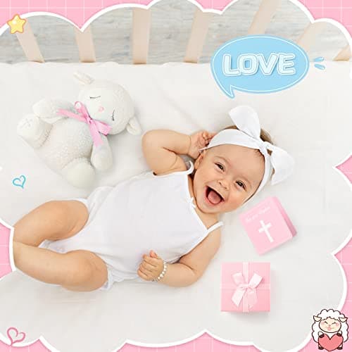 Haull 5 Pcs Christening Baptism Gifts Charms for Girls Granddaughter/Daughter Include 8.5 Inch Plush Lamb Toy Doll Pray Card with Gift Box Baptism Pearls Bracelet with Keepsake Box for Baby Shower