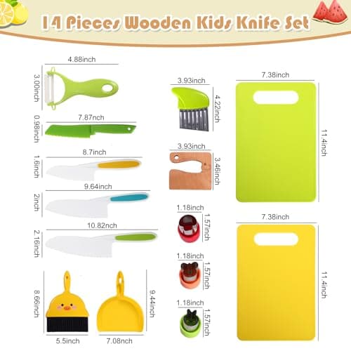 14PC Montessori Toy Safe Kitchen Knife Set for Toddler, Kids Knife Set for Real Cooking with Cutting Board, Gift for 3-12 Year Old Girl Boy Bithday Chistmas, Little Chef Cooking Tool for Kid Age 3-12