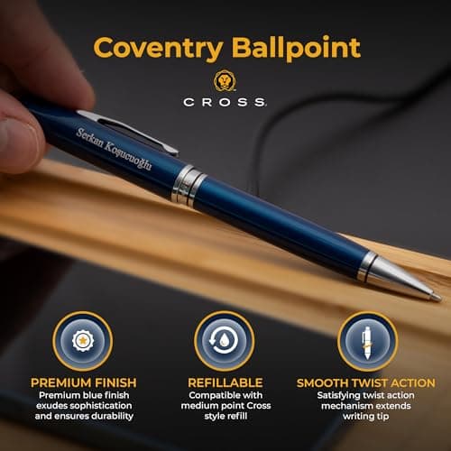 Personalized, Custom Engraved Cross Pen for Men or Women | Cross Coventry Ballpoint Pen | Luxury Gift for Office, Graduation and Business [Blue Lacquer with Chrome Trim]