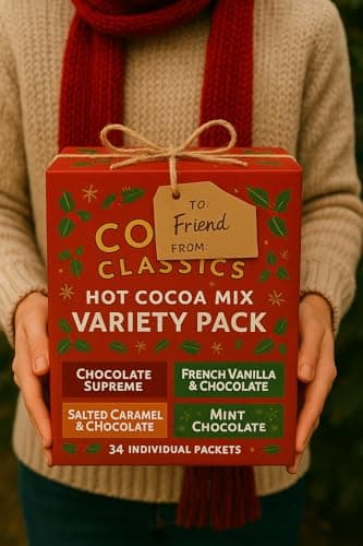 Hot Chocolate Cocoa Mix Variety Gift Pack – 34 Individual Packets – French Vanilla, Salted Caramel, Mint & Chocolate Supreme Flavors – Instant Hot Cocoa Mix – Christmas Holiday Gift with Candy Canes
