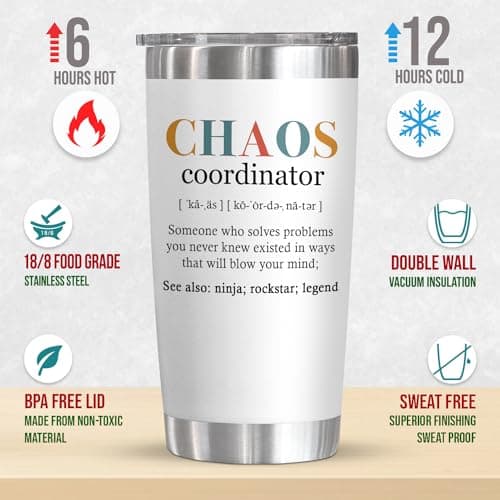 TEEZWONDER Thank You Gifts for Women - Chaos Coordinator 20 oz Stainless Steel Insulated Tumbler with Lid - Employee Appreciation Christmas Birthday Gifts for Women Coworkers Boss Teacher Nurse Friend