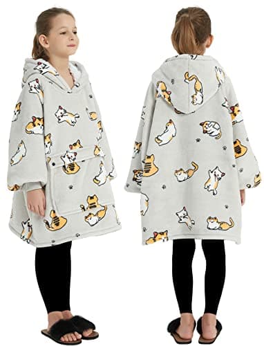KFUBUO Wearable Blanket Hoodie for Kids Sherpa Patterns Oversized Sweatshirt Blanket With Pocket 6-10 Year Old Girl Boy Birthday Gifts Cat