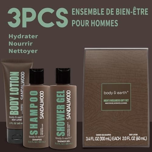 BODY & EARTH Men Gift Sets - 3PC Mens Gift Baskets Includes Sandalwood Shower Gel, Body Lotion, Shampoo, Mens Gift Basket as Birthday and Christmas Gifts for Men, Boyfriends and husbands