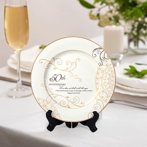 50th Anniversary Wedding Gifts for Couples Parents - 50 Year Marriage Plate with 24k Gold Foil, Golden Keepsake Gift, Ceramic 9 inch