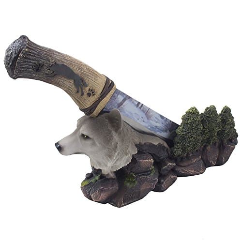 Home 'n Gifts Decorative Gray Wolf Hunting Knife on Display Stand with Stainless Steel Blade for Rustic Cabin & Lodge Decor As Shelf, Mantel or Desk Decorations or Gifts for Hunters and Outdoorsmen