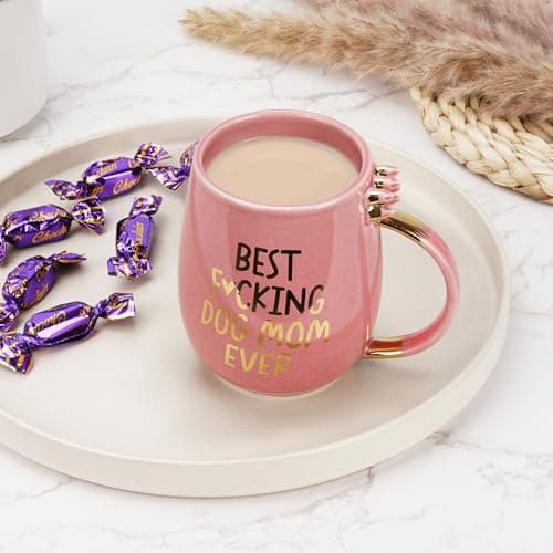 Hendson Dog Mom Gifts - Best Dog Mom Ever - Funny Birthday Gift For Dog Lovers Women - Gag Gifts for New Puppy Fur Baby Owners - Fur Mama Presents, Pitpull Pug - Coffee Cup, 13oz Pink Amethyst Series