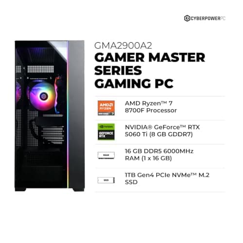 CyberPowerPC Gamer Master Gaming PC, AMD Ryzen 7 8700F 4.1GHz, GeForce RTX 5060 Ti 8GB, 16GB DDR5, 1TB PCIe 4.0 SSD, WiFi Ready & Windows 11 Home (GMA2900A2)