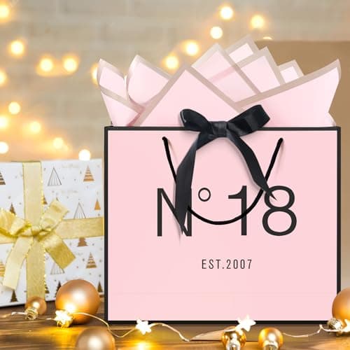 18th Birthday Gift Bag with Card Envelope Sticker Bow Ribbon and Tissue papers for Women Girls N°18 EST.2007 Design with Handles,for Celebrating 2007 18th Birthday Anniversary 13" (EST.2007 18th)