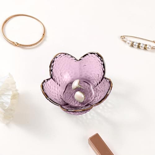 Purple Flower Jewelry Dish Glass Ring Dish Jewelry Tray Cute Vanity Organiser Room Decor Aesthetic Nightstand Bathroom Decor Trinket Dish Ring Holder Valentine's Friendship Birthday Gifts for Women