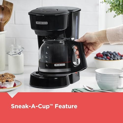 BLACK+DECKER 12-Cup Coffee Maker with Easy On/Off Switch, Easy Pour, Non-Drip Carafe with Removable Filter Basket, Vortex Technology, Black
