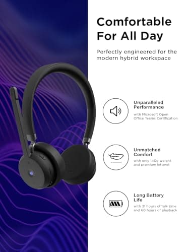 Lenovo Wireless VoIP Headset Teams Certified, Noise-Canceling Mic, Bluetooth 5.3 Multipoint, USB-A Receiver, 31-Hour Talk & 60-Hour Playback, Lightweight Over-Ear Design, Replaceable Earcups