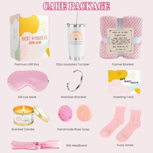 Get Well Soon Care Package for Women, 12 Pcs Deluxe Self-Care Gift Box with Pink Cozy Blanket, Tumbler, Candle & Spa Feel Better Basket – After Surgery, Thinking of You, Encouragement Recovery Gifts