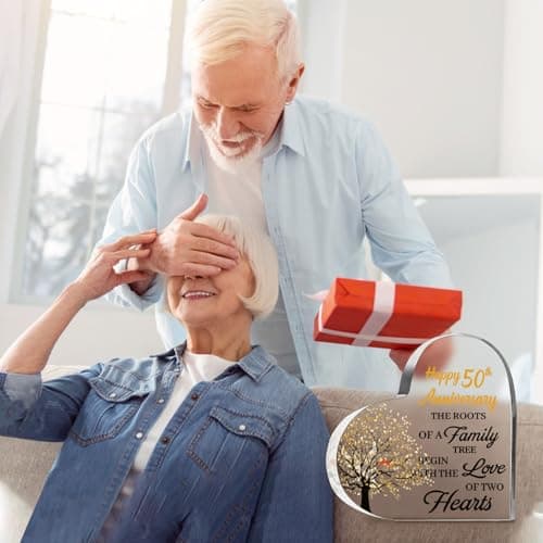 50th Anniversary Wedding Gifts for Couple Parents, Acrylic Heart Cake Topper Decorations, 50 Year Anniversary Presents Gifts Idea for Her Him