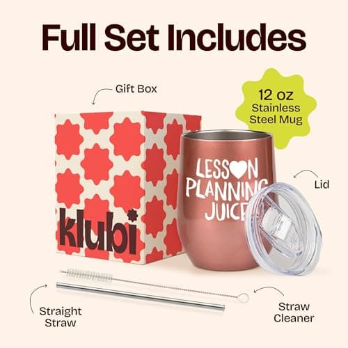 KLUBI Teacher Birthday Gifts for Women - Lesson Planning Juice Wine Tumbler 12oz with Lid and Straw - College Graduation Gifts for Teachers, Student Teacher Congratulations, Cute New Teacher's Gift