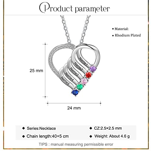 Jeweidea Personalized Heart Necklace with 2-6 Simulated Birthstones Custom Name Mother Daughter Chain Pendant for Women Mom Birthday