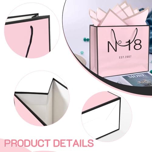 18th Birthday Gift Bag with Card Envelope Sticker Bow Ribbon and Tissue papers for Women Girls N°18 EST.2007 Design with Handles,for Celebrating 2007 18th Birthday Anniversary 13" (EST.2007 18th)
