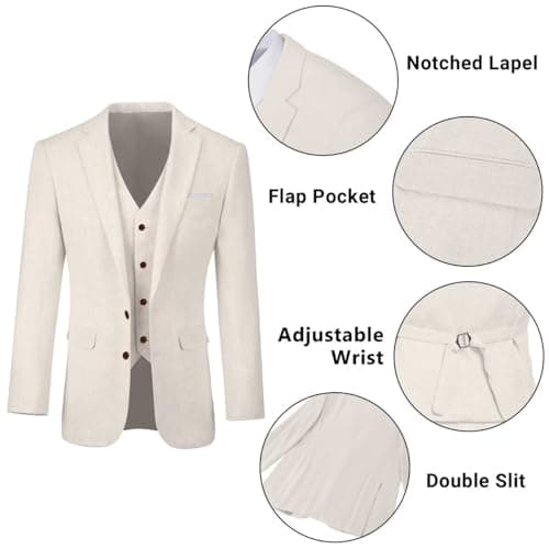 Retro Linen Mens Suit 3 Pieces Light Weight Casual Linen Summer Slim Fit Suits Tuxedo Jacket Blazer Vest Pant for Men