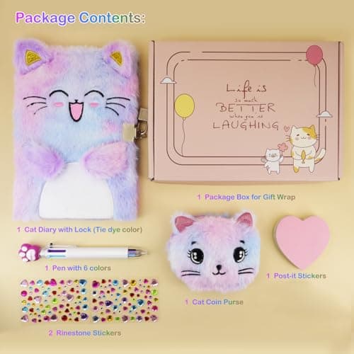 Cat Diary with Lock, Gift for 6 7 8 Year Old Girl, Secret Diary Journal Notebook with Coin Purse, Multicolored Pen, Post-it Note, Stickers, Practical Gift for Birthday (A Happy Cat)