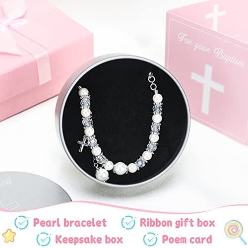 Haull 5 Pcs Christening Baptism Gifts Charms for Girls Granddaughter/Daughter Include 8.5 Inch Plush Lamb Toy Doll Pray Card with Gift Box Baptism Pearls Bracelet with Keepsake Box for Baby Shower