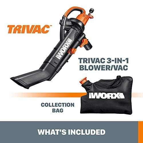 WORX WG505 Trivac 12 Amp 3-in-1 Electric Leaf Blower/Leaf Vacuum/Mulcher, Metal Impeller for Fine Mulching