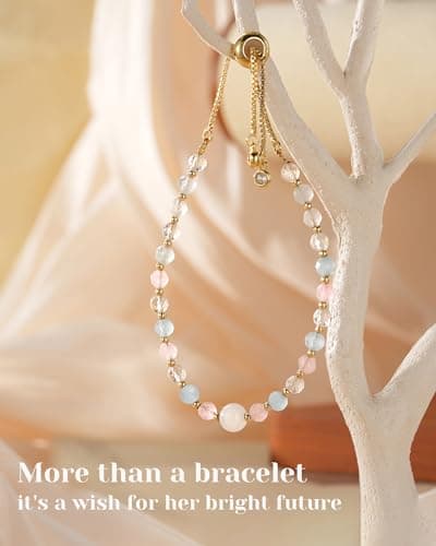 HGDEER Natural Crystal Bracelet 13th 16th Birthday Gifts for Girls - Rose Quartz Moonstone Aquamarine Healing Stones Jewelry with Meaning Card for Daughter Granddaughter