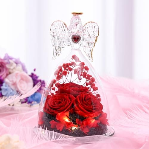 Mothers Day Rose Gifts for Women, Large Angel Figurines with Real Roses, Preserved Real Flower Rose for Her - Red