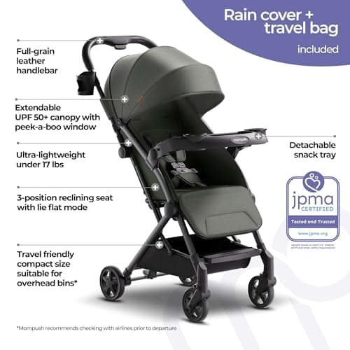 Mompush Lithe V2 Lightweight Travel Stroller, Compact Foldable Baby Stroller with Travel Bag, One-Hand Fold Stroller, Snack Tray, Mechanical Recline Seat, Airplane-Ready, Organizer & Rain Cover