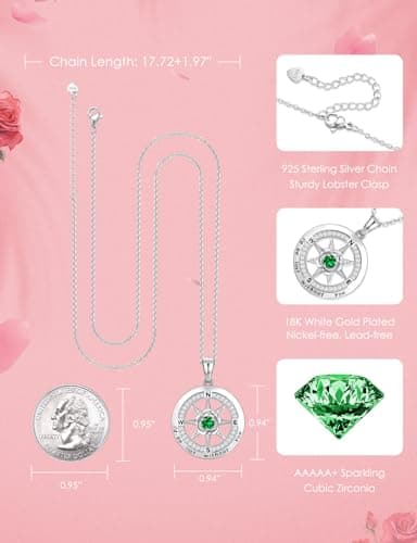 Silver Compass Necklace for Women Birthday Gifts for Wife Anniversary Necklace for Women Rose Flower Birthstone Necklaces for Wife Jewelry for Womens Girlfriend Mom Daughter