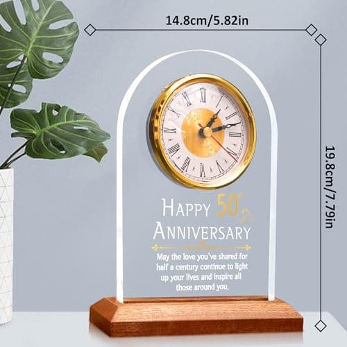 50th Anniversary Wedding Gift, Anniversary Quartz Clock, Desk Table Clock, 50 Years of Marriage, Golden Wedding for Couple, Parents, Grandparents (Wooden Base with LED Light)