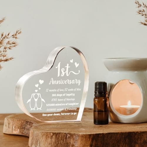 1 Year Anniversary Wedding Gifts for Boyfriend Girlfriend, One Year 1st Anniversary Romantic Gifts for Him Her, Heart Shaped Acrylic Block for Couple Husband Wife, Penguin Keepsake