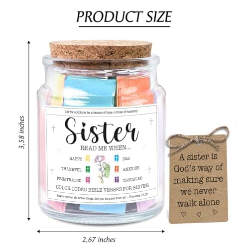 NewEleven Sister Birthday Gifts - Gift For Sister, Soul Sis, Sisters In Law - Sisters Gifts From Sister, Brother, Friend, Family - Decorative Glass Scripture Jar With 92 Bible Verse