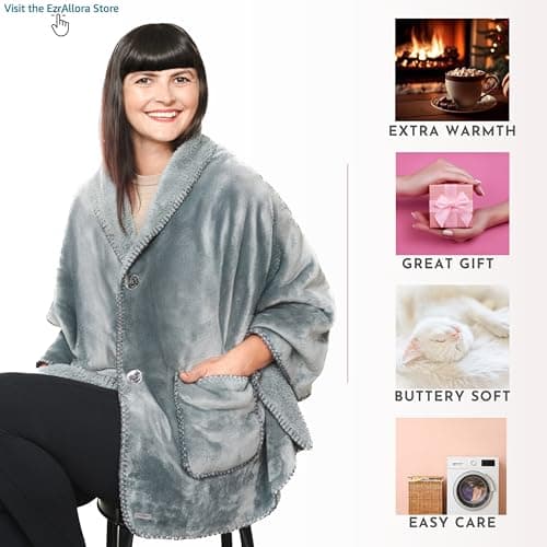 Premium Double Layer Poncho Blanket -No Sleeves Easy On Easy Off- Drape and Go Shawl Gift for Women Who Have Everything - Gifts for Grandma and Mom (Silver Grey)