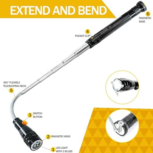 Magnetic Pickup Tool with LED Lights, Telescoping Magnet Flashlight, Cool Gadget Birthday Gifts Christmas Day Gifts for Men, Handyman, Husband, Boyfriend, Him, Father, Dad (1 Pack)