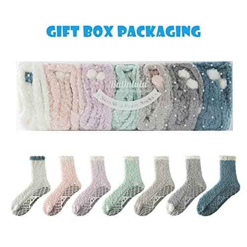 Bulinlulu Fuzzy Socks with Grips Plush Sleep Cozy Winter Soft Hospital Fluffy Socks Gifts for Womens Mens Gifts