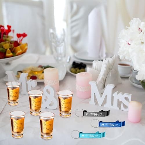 200 Pcs 50 Sets Wedding Favors for Guest Bulk 2 oz Cheers to Love Acrylic Shot Glasses Wedding Bottle Openers with Thank You Cards Bags for Guest Souvenirs Gifts Newlyweds Bridal Shower