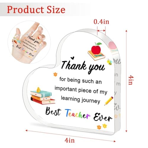 Teacher Valentine Gift, Valentines Day Gifts for Teachers - Acrylic Heart Plaque 4×4 in, End of Year Thank You Teacher Gifts for Women Men, Teacher Retirement Gifts, Keepsake & Paperweight