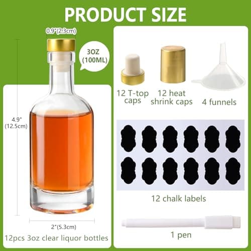 Glass Liquor Bottles with T-Top Caps and Heat Shrink Capsules, Empty Mini Vodka Bottles, Travel Shots Bottle for Wine, Alcohol, Whiskey, Beverages (3 oz 12 Pack)
