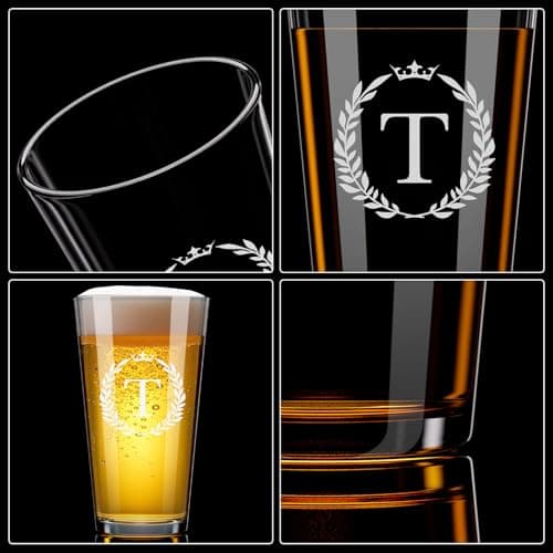 Personalized Beer Glasses Gifts for Men, 16 oz Pint Glasses Monogrammed A-Z Drinking Glass Cups Customized Gift, Unique Christmas Anniversary Birthday Gifts for Men Him Dad Brother Husband Grandpa (T)