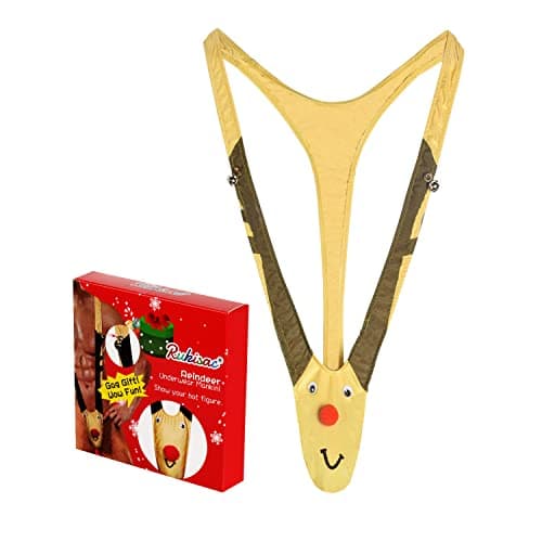 Rukisac Christmas Gag Gift Reindeer Underwear Mankini Men Thong Suits with Bells Pranks for White Elephant Exchange Gifts Valentines Day
