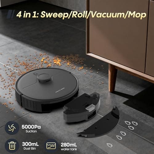 Robot Vacuum and Mop, Self Emptying Station for 90 Days, 5000Pa Suction, 3-in-1 LiDAR Navigation, Home Mapping, No-Go Zones, Wi-Fi/App/Alexa, Hard Floors, Carpet