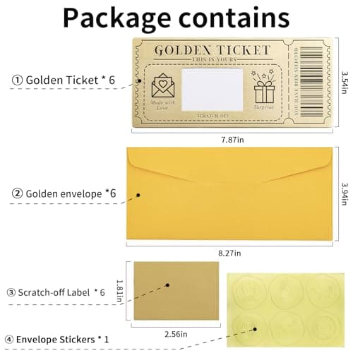 6 Pieces Golden Ticket Scratch-off Cards with Envelopes, Scratch & Reveal Surprise Ticket for Writing Your Own Special for Birthday, Girlfriends, Wives, Valentine's Day Card, Christmas Gift Card