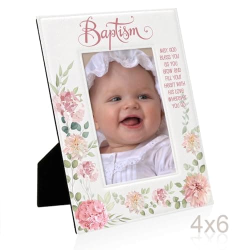 KATE POSH Baptism Picture Frame for Girl, Pink Flowers Decor, Christening, Religisous Gift, From Godparents, New Baby (4x6-Vertical)