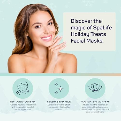 SpaLife Holiday Treats Facial Masks 12-Pack Assorted - Festive Christmas Skincare for Hydration and Refreshment - Gingerbread, Sundae, Cocoa & Eggnog